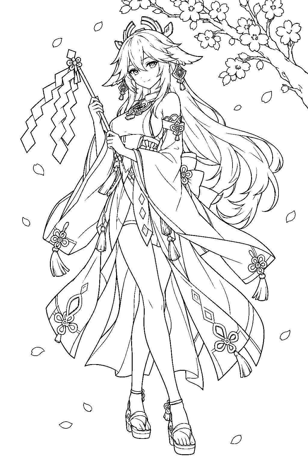 genshin impact yae miko holding a gohei beneath the sacred sakura line art