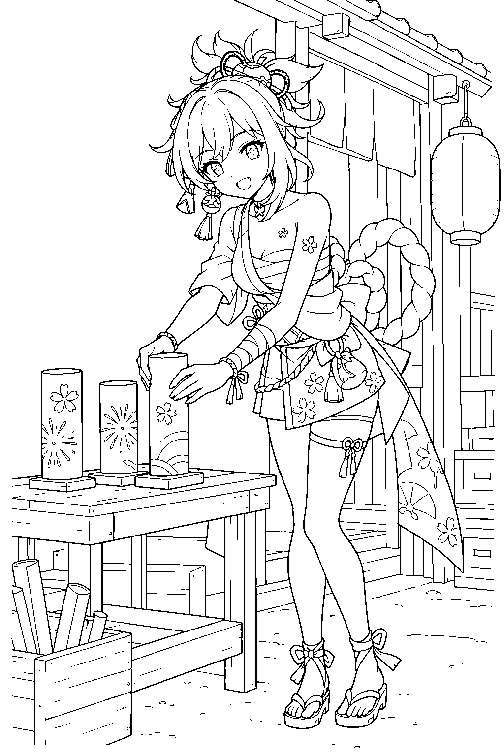 genshin impact yoimiya preparing firework tubes at naganohara fireworks line art