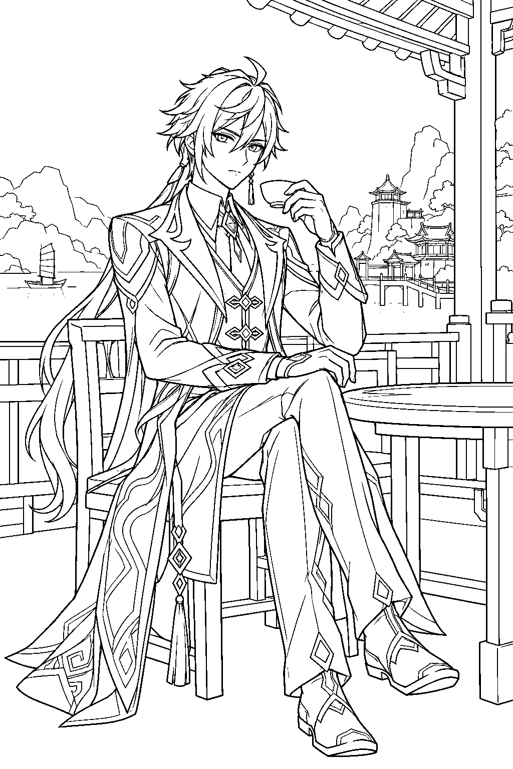 genshin impact zhongli sipping tea in a liyue harbor pavilion line art