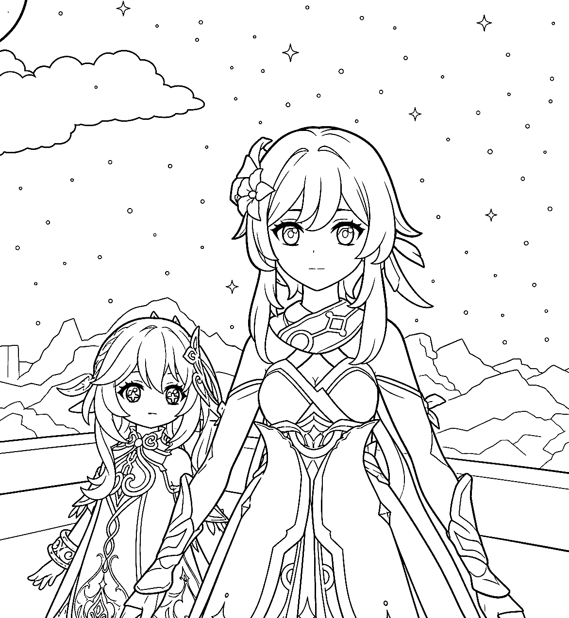 lumine and nahida starry night genshin impact anime line art