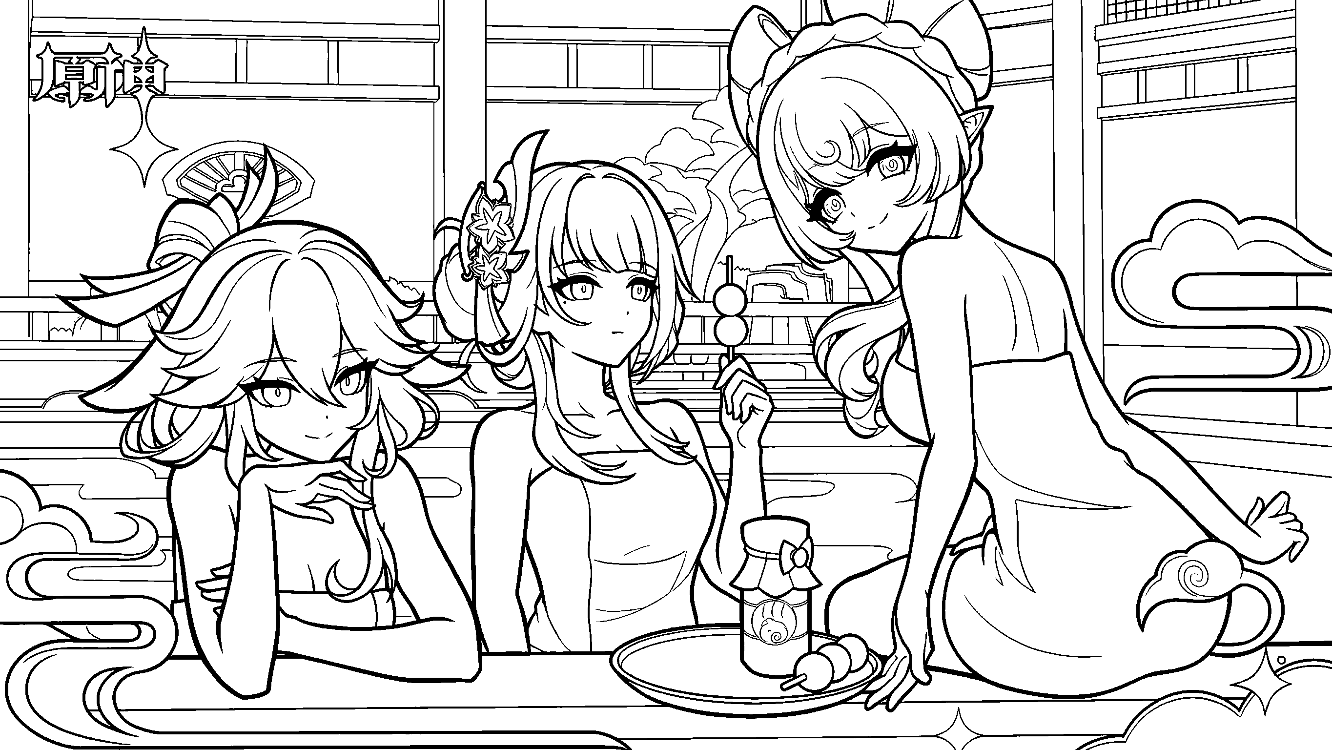 raiden shogun and yae miko onsen genshin impact anime line art