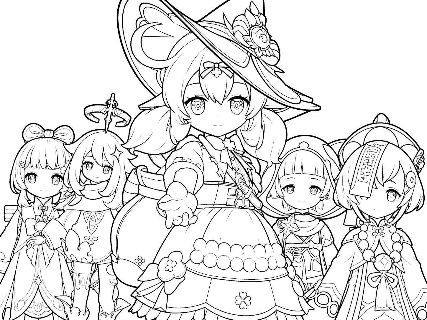 witch klee and chibi friends genshin impact cute line art