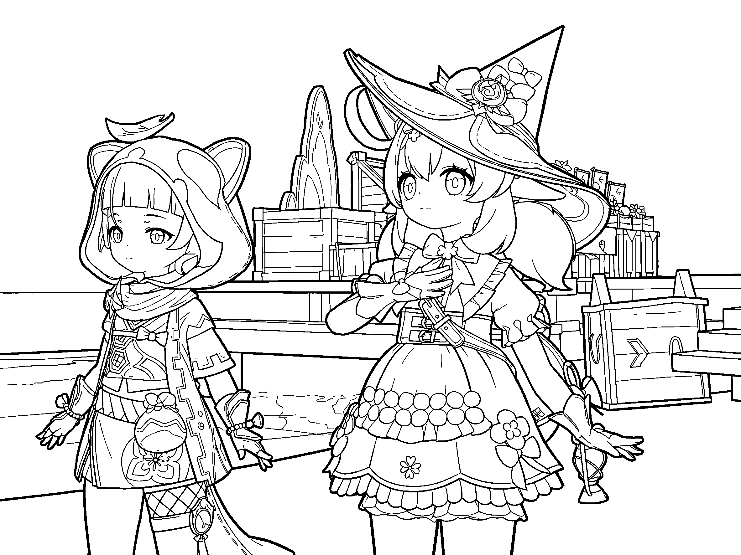 witch klee and sayu inazuma genshin impact anime line art