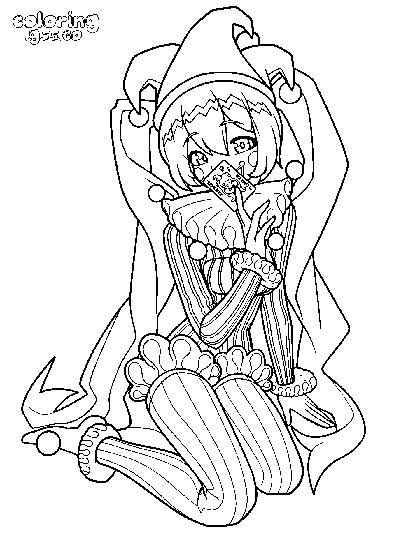cute anime jester clown girl joker card line art for kids