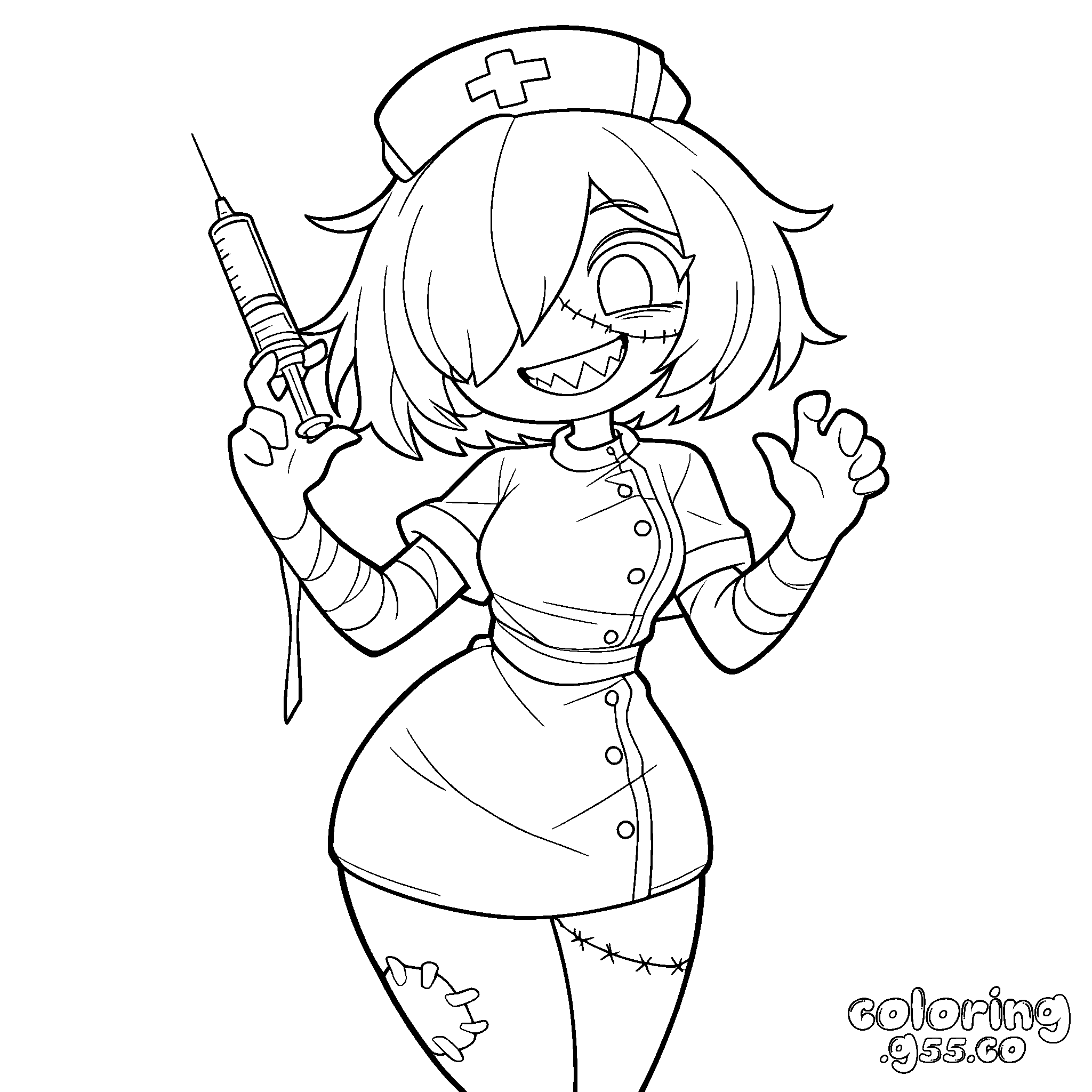 cute anime zombie nurse syringe line art for kids