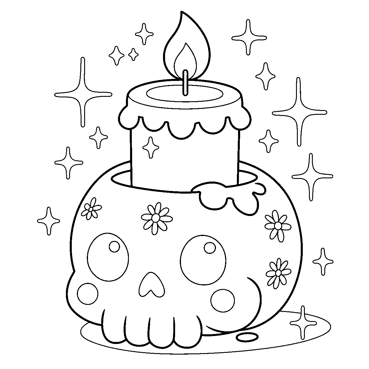 cute flower skull candle line art