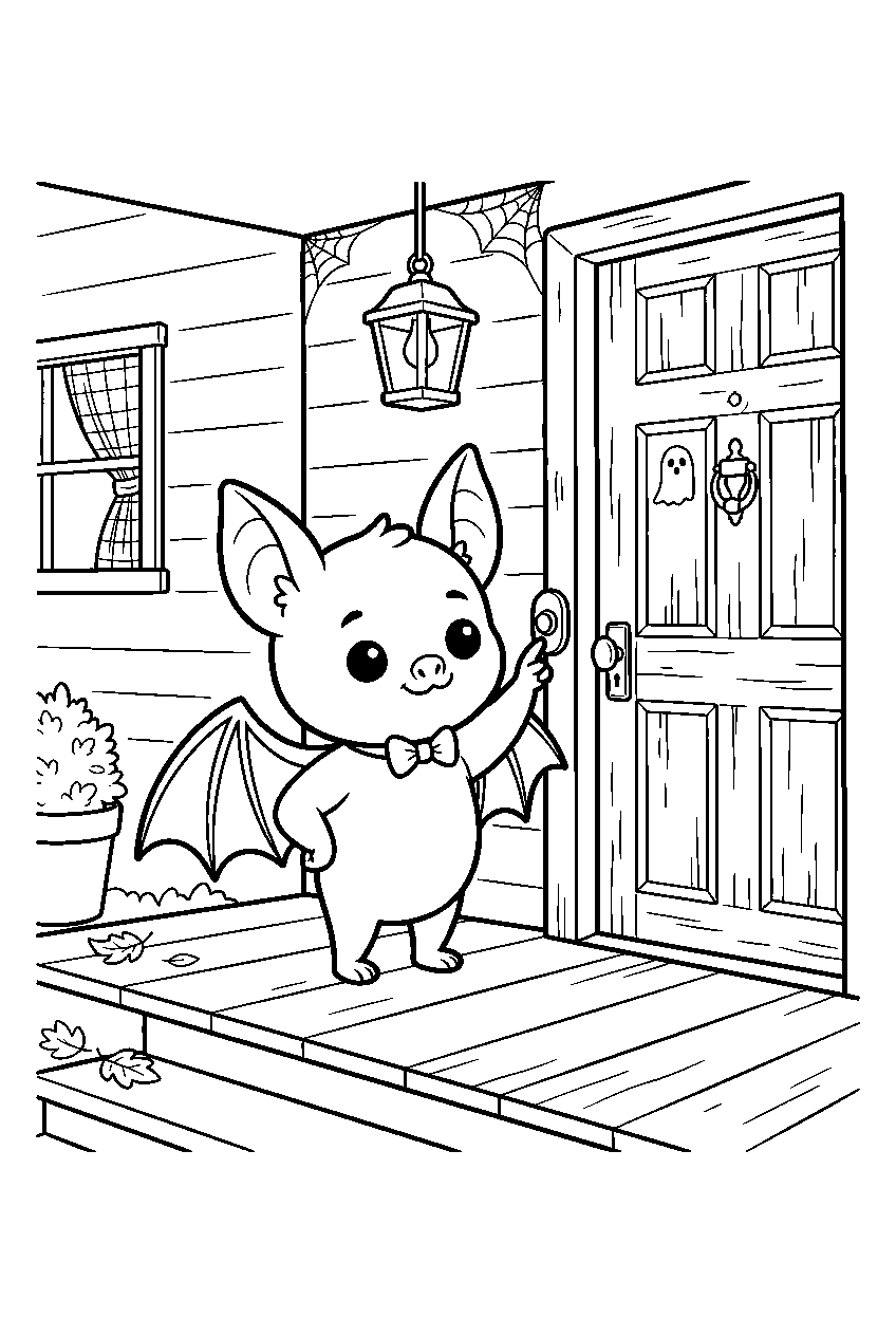 cute halloween bat ringing doorbell at trick or treat house line art