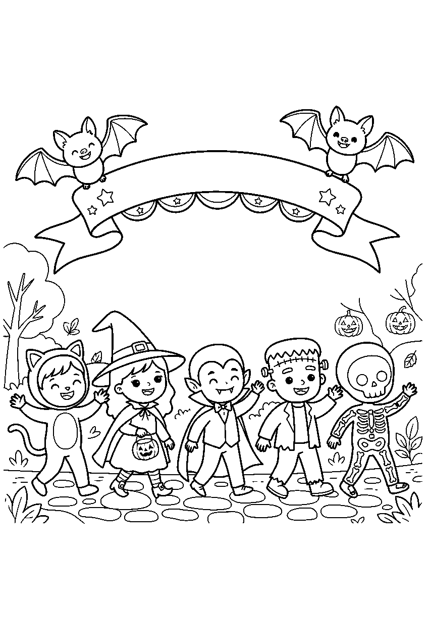cute halloween bats carrying ribbon above costume parade line art