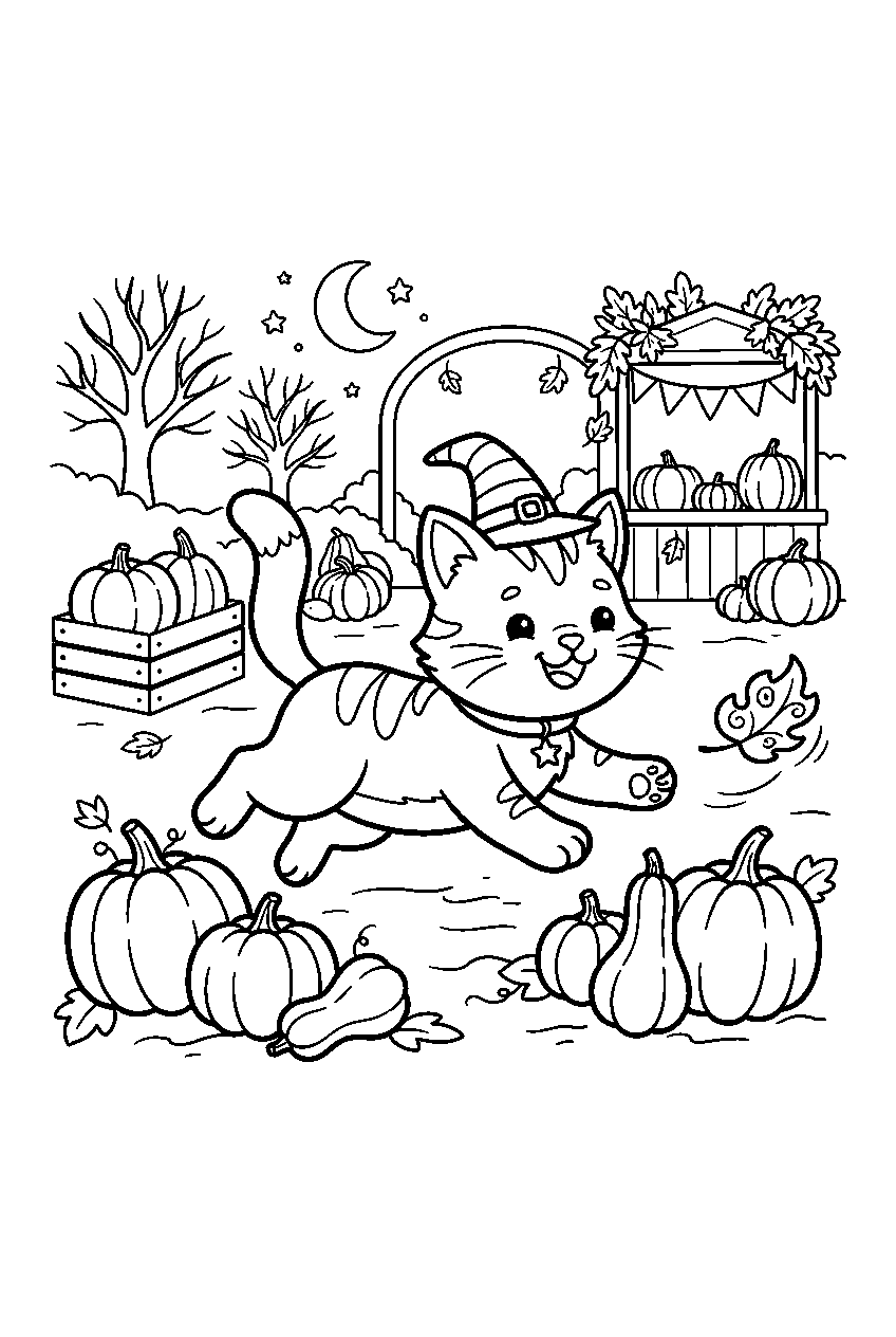 cute halloween cat chasing leaf through pumpkin market line art