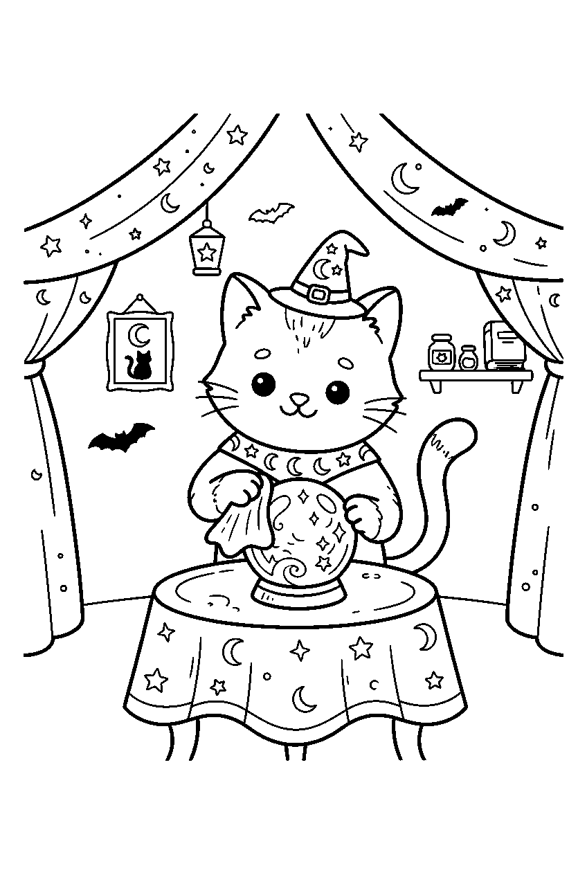 cute halloween cat polishing crystal ball in fortune tent line art