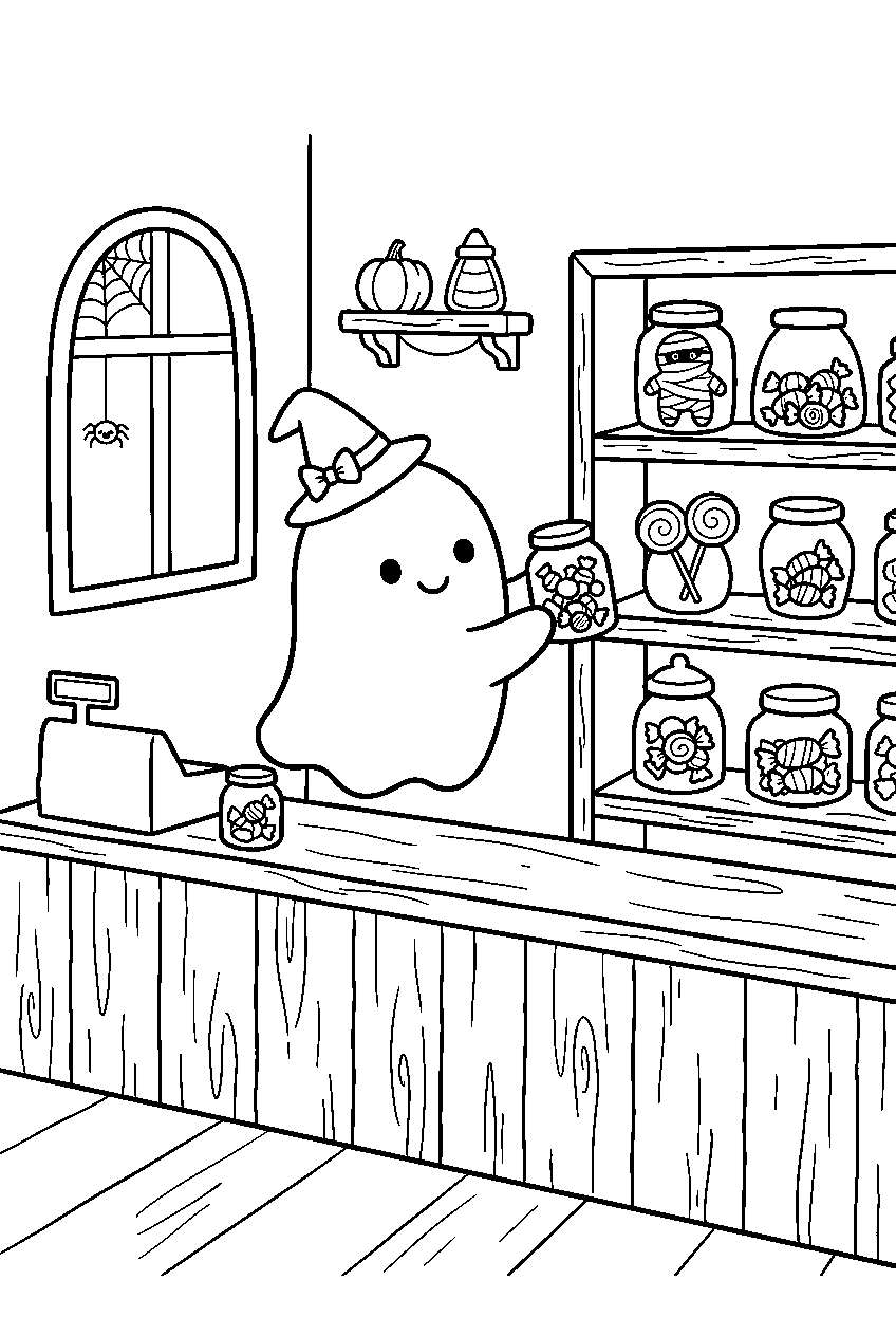 cute halloween ghost arranging candy jars in corner shop line art