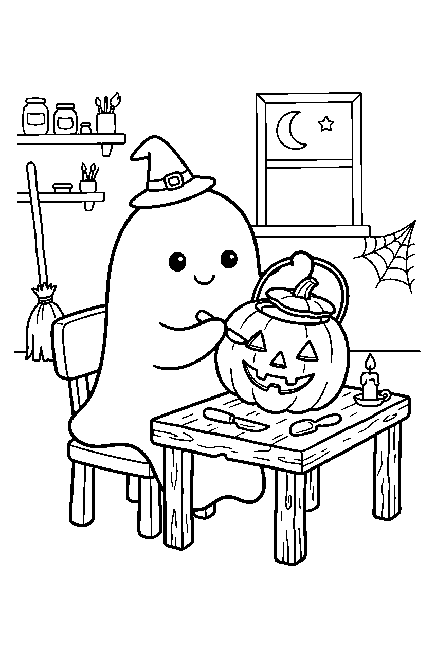 cute halloween ghost building pumpkin lantern in craft classroom line art