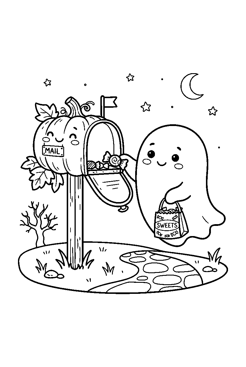 cute halloween ghost delivering candy at pumpkin shaped mailbox line art