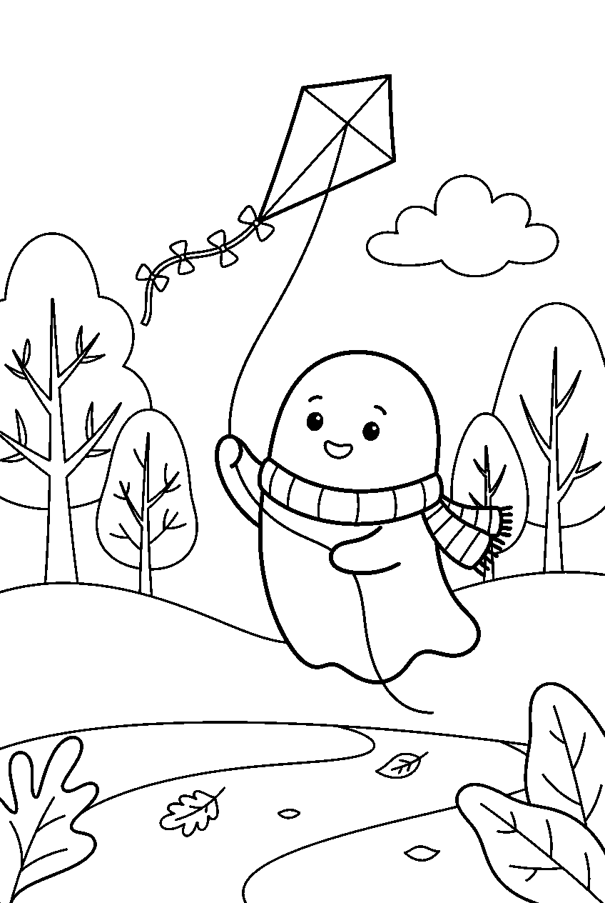 cute halloween ghost flying kite in autumn park line art