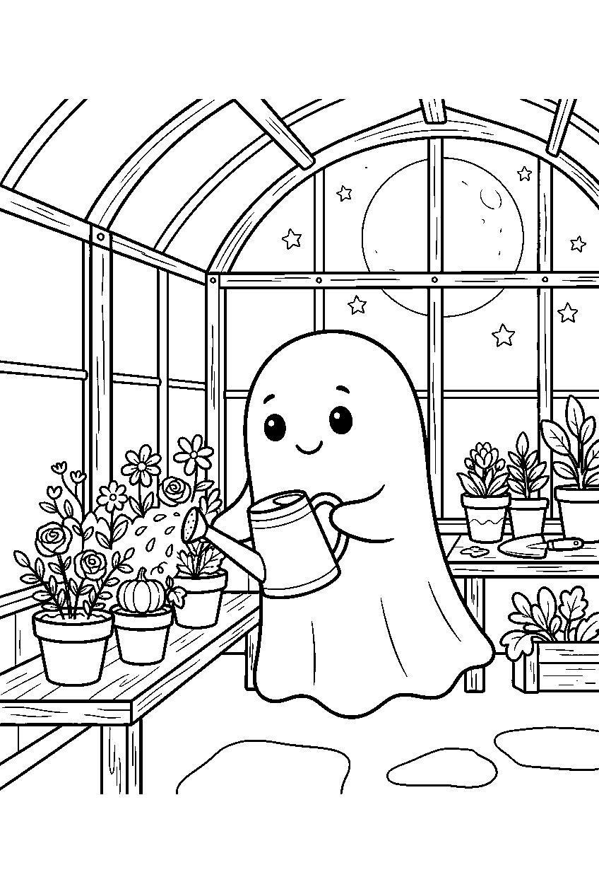 cute halloween ghost watering flowers in moonlit greenhouse line art