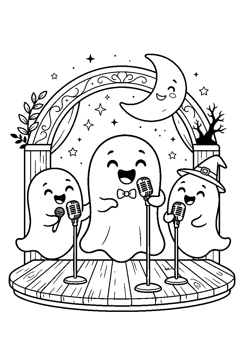 cute halloween ghosts singing on moonlit garden stage line art