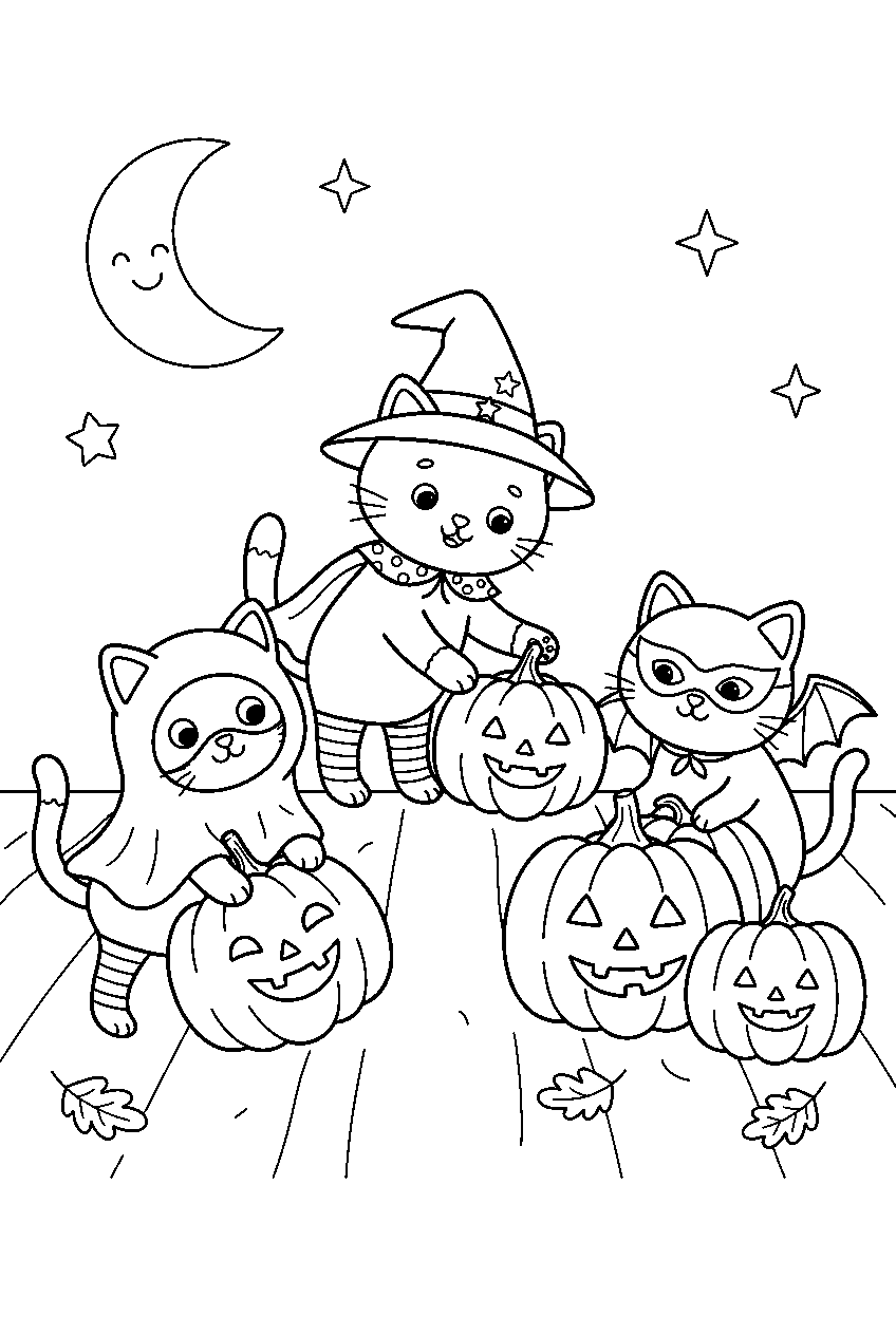 cute halloween kittens playing with pumpkins at costume party line art