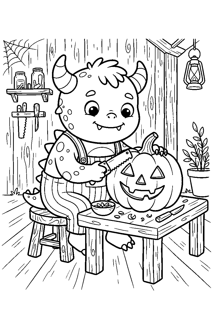 cute halloween monster carving pumpkin in backyard workshop line art
