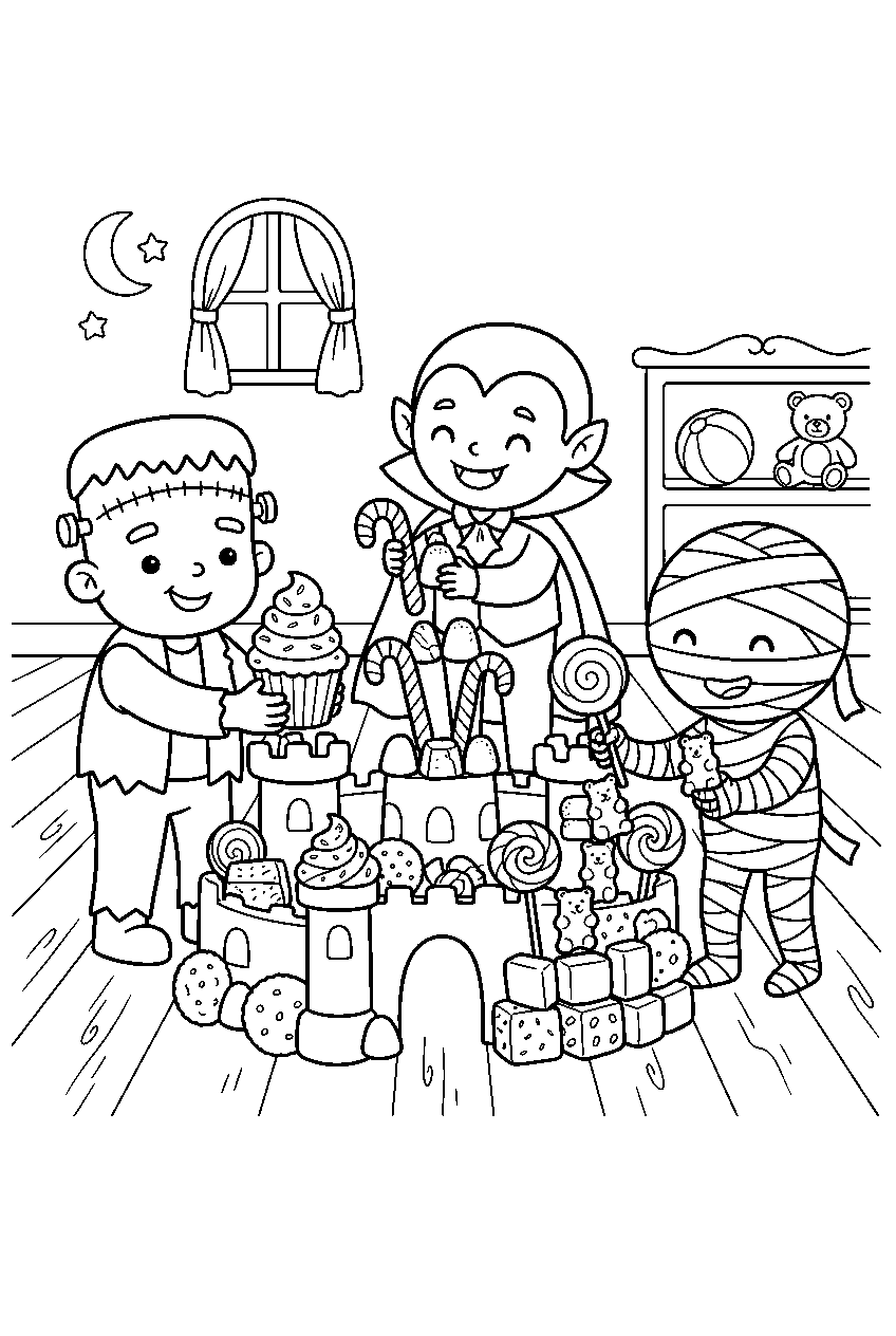 cute halloween monsters building candy castle in playroom line art