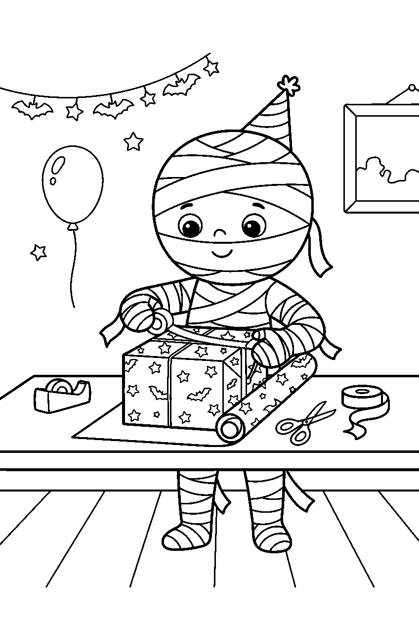 cute halloween mummy wrapping gift in party room line art