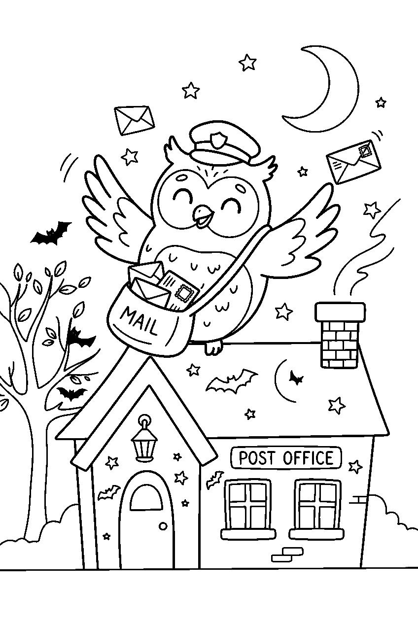 cute halloween owl delivering letters at moonlit post office line art