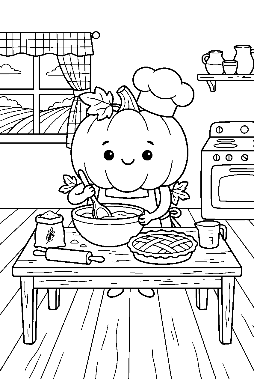 cute halloween pumpkin baking pie in farmhouse kitchen line art