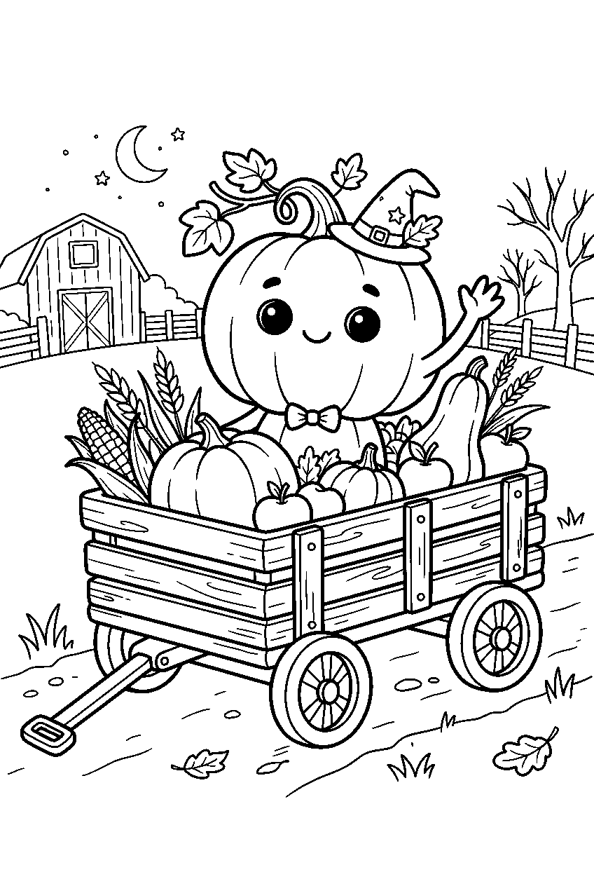 cute halloween pumpkin waving from harvest festival wagon line art