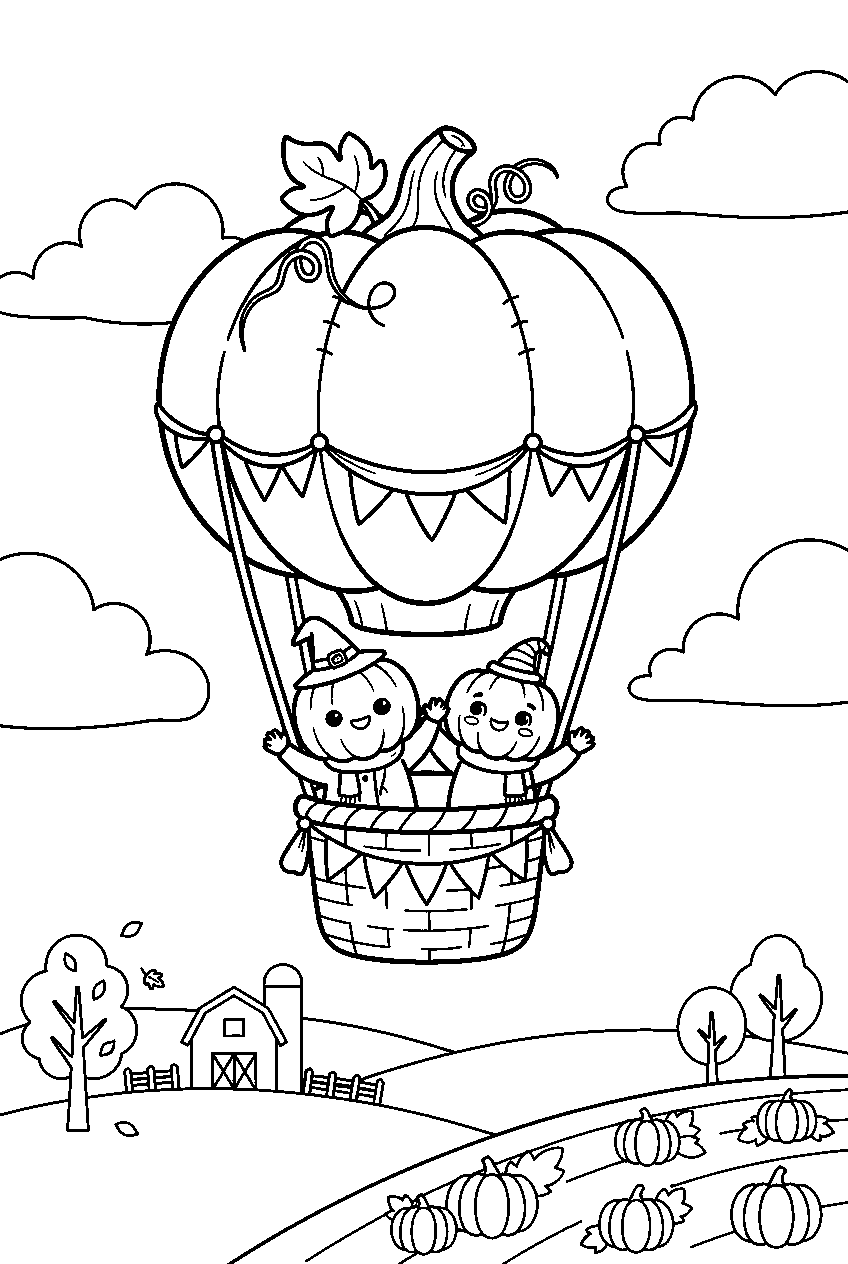 cute halloween pumpkins floating in hot air balloon above farm line art