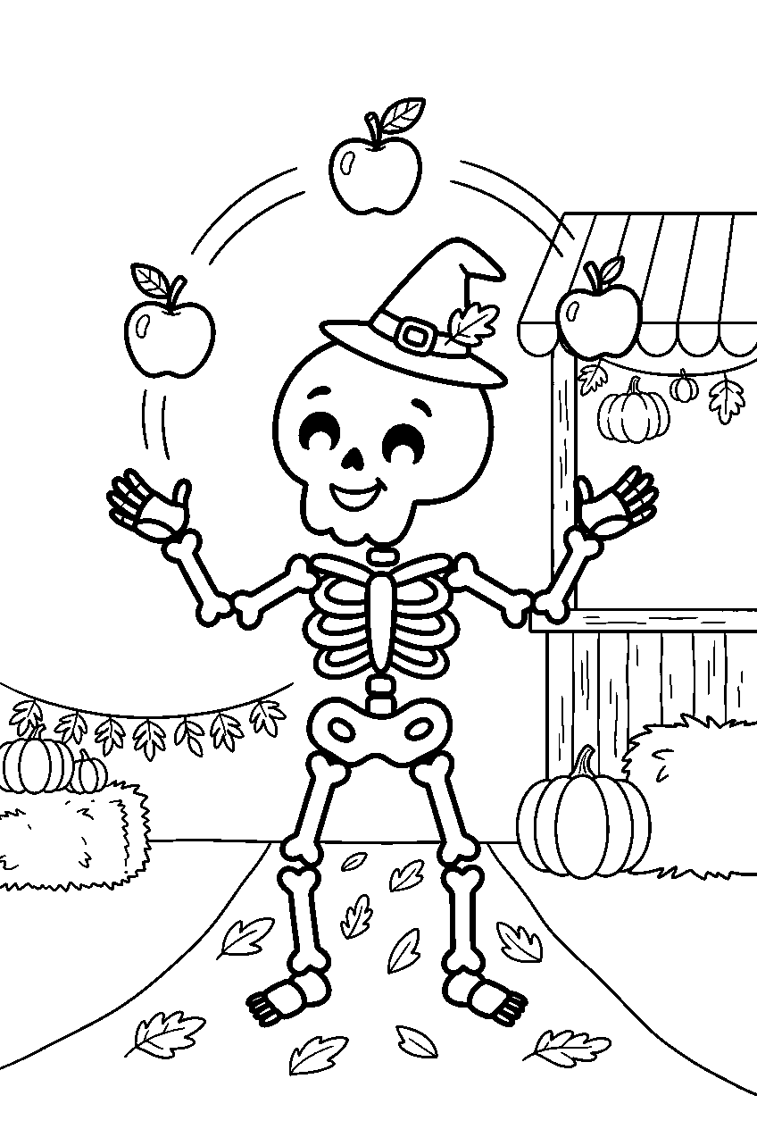 cute halloween skeleton juggling apples at harvest fair line art