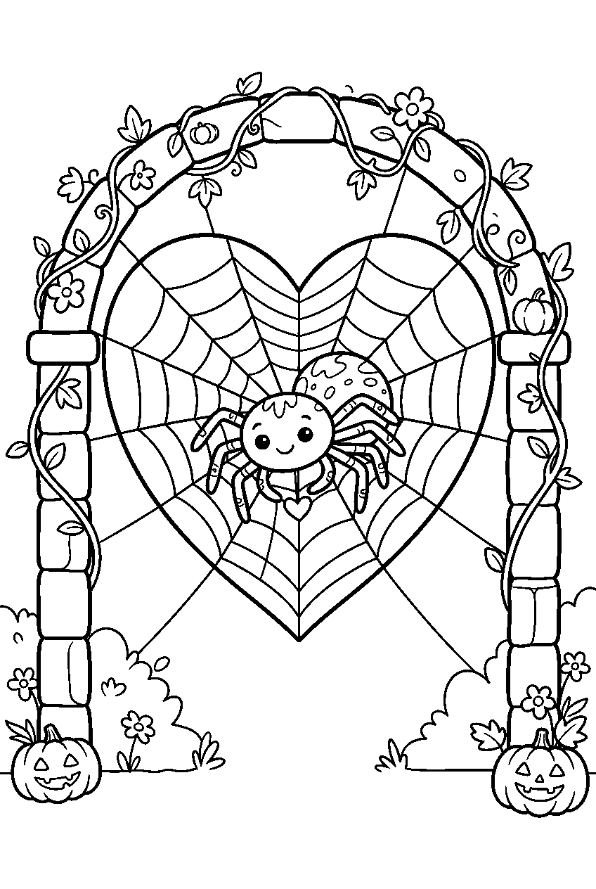 cute halloween spider weaving heart web in garden arch line art