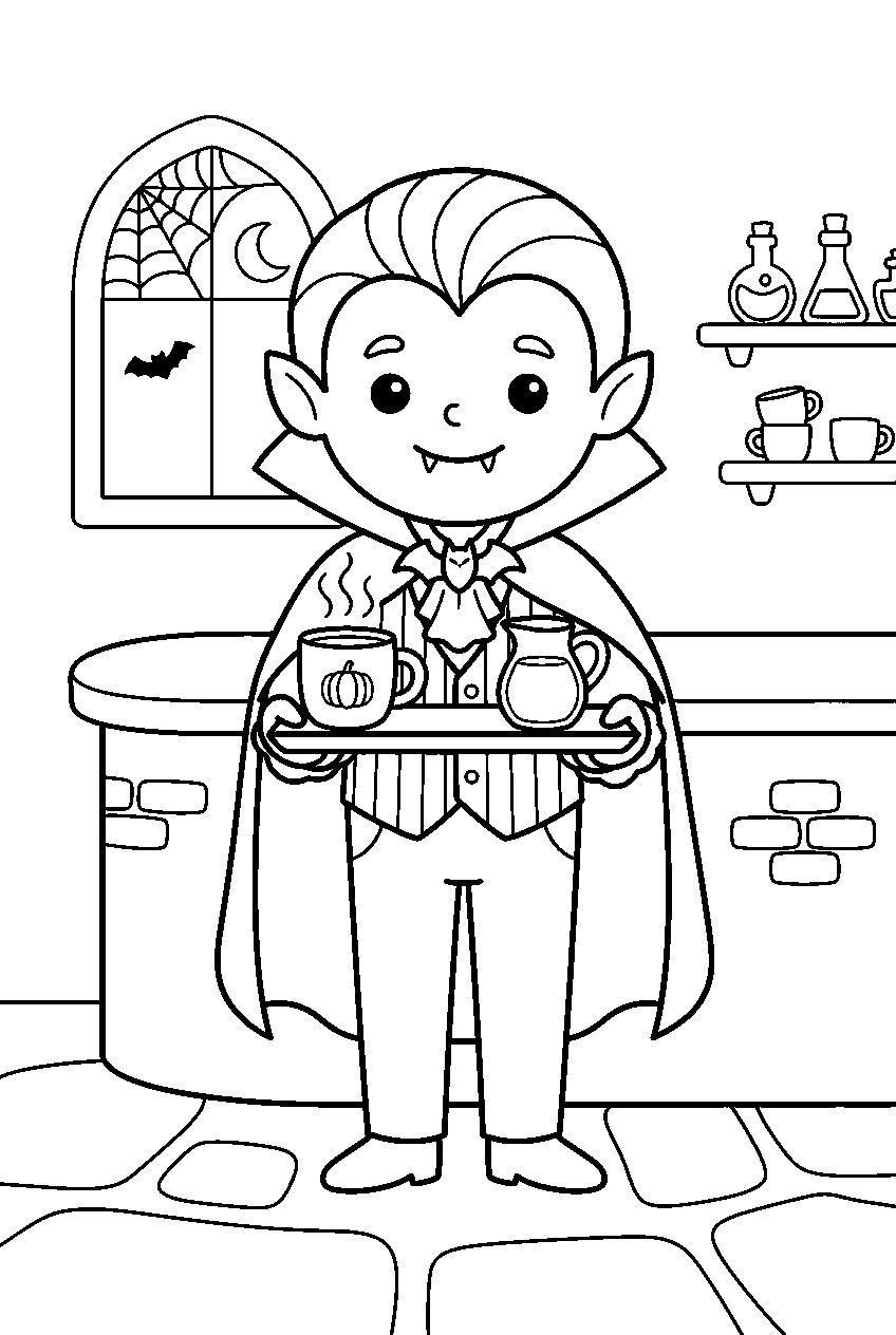 cute halloween vampire serving pumpkin juice in castle cafe line art