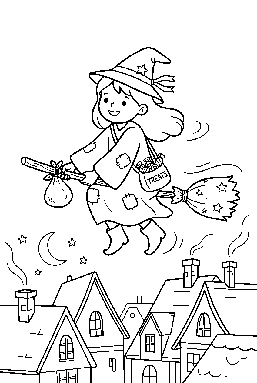 cute halloween witch delivering treats across village rooftops line art