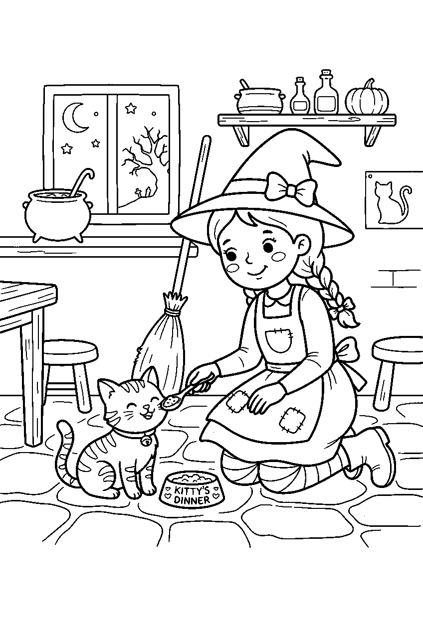 cute halloween witch feeding cat in cottage kitchen line art