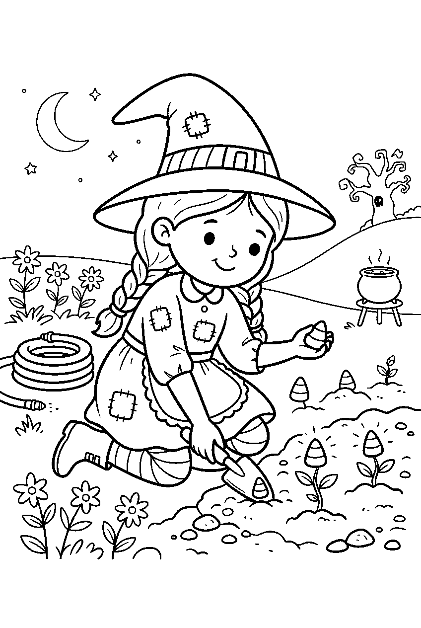cute halloween witch planting candy corn in magic garden line art