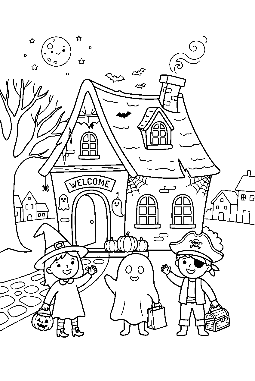 cute haunted house welcoming trick or treaters in village square line art