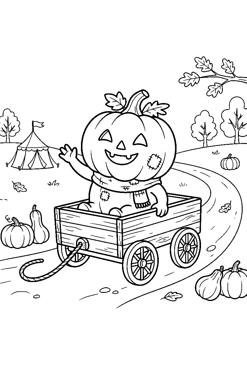 cute jack o lantern riding wagon through autumn fair line art