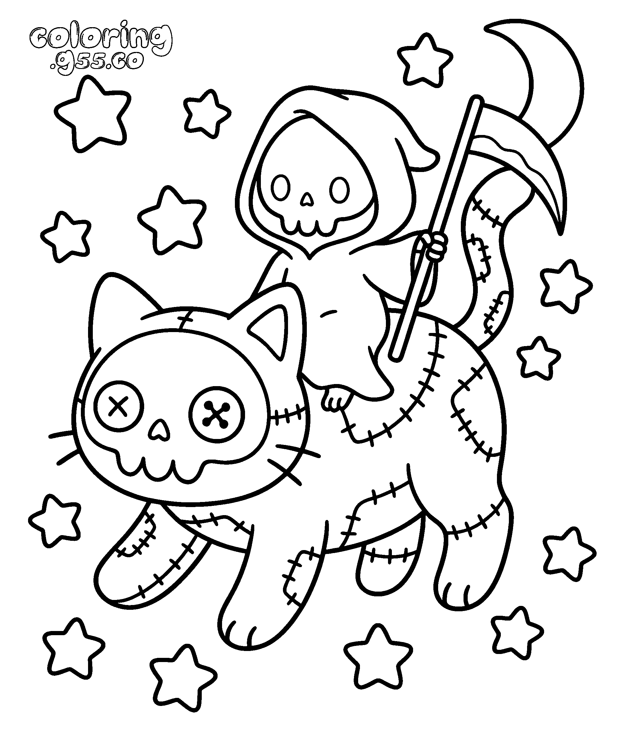 cute kawaii grim reaper cat line art for kids