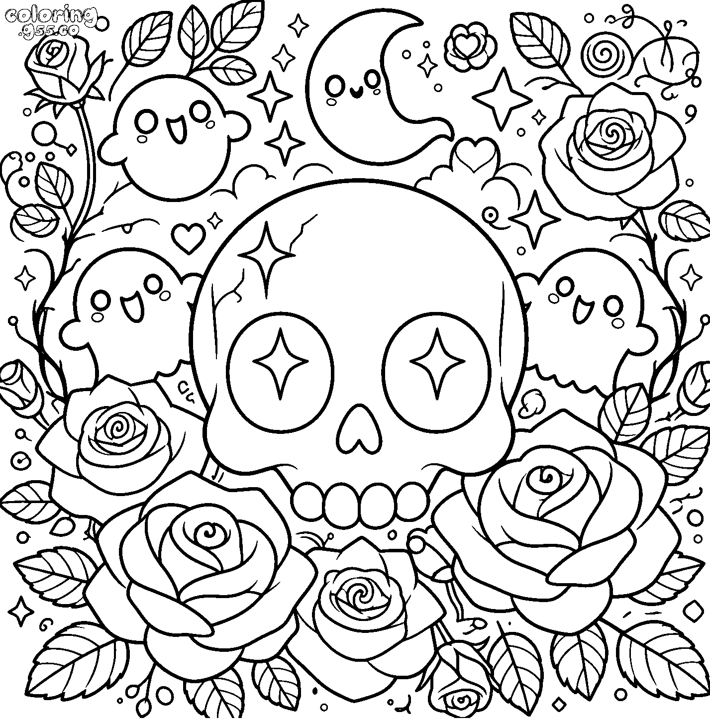 cute kawaii skull roses ghosts line art for kids