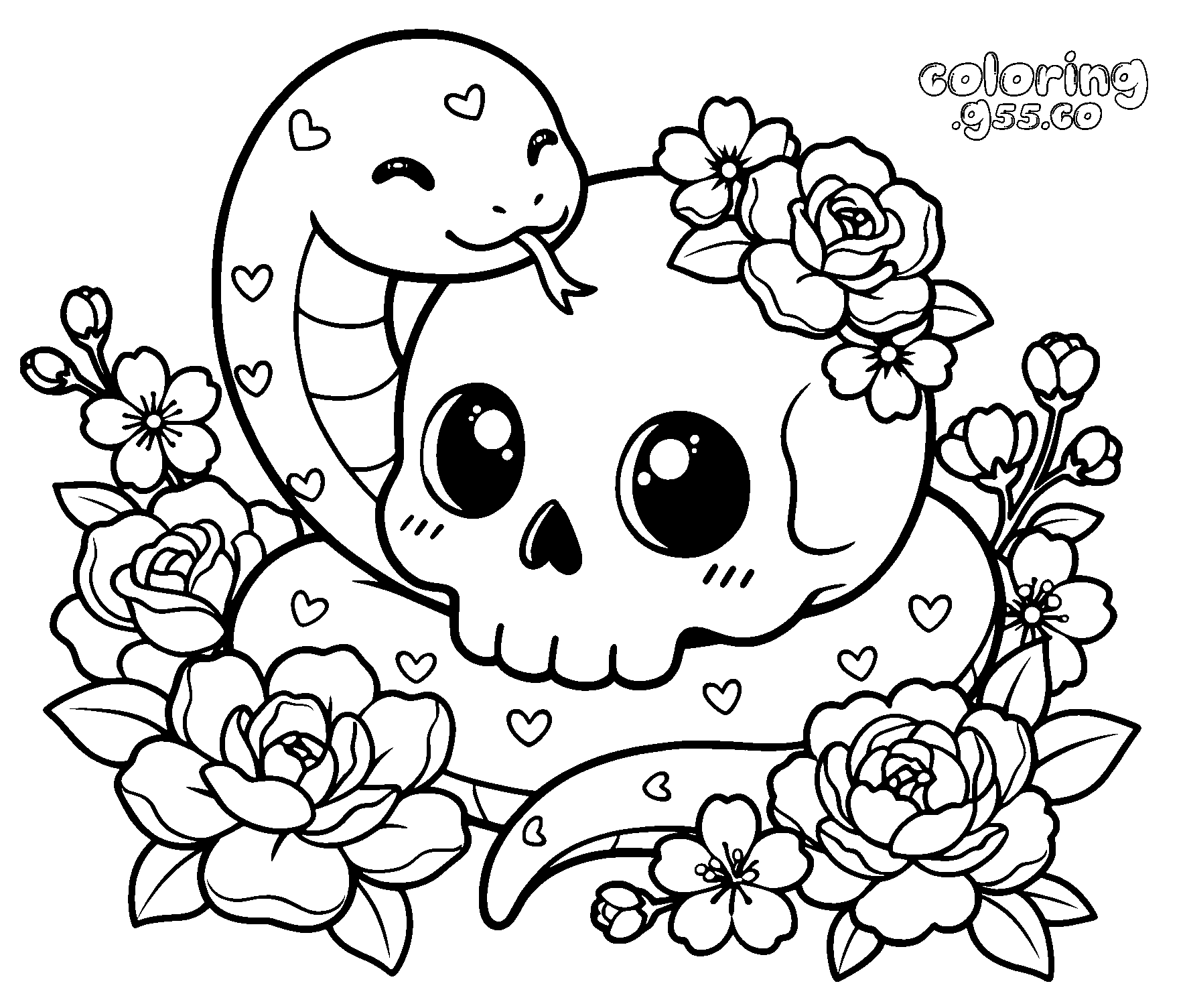 cute kawaii snake skull roses line art for kids