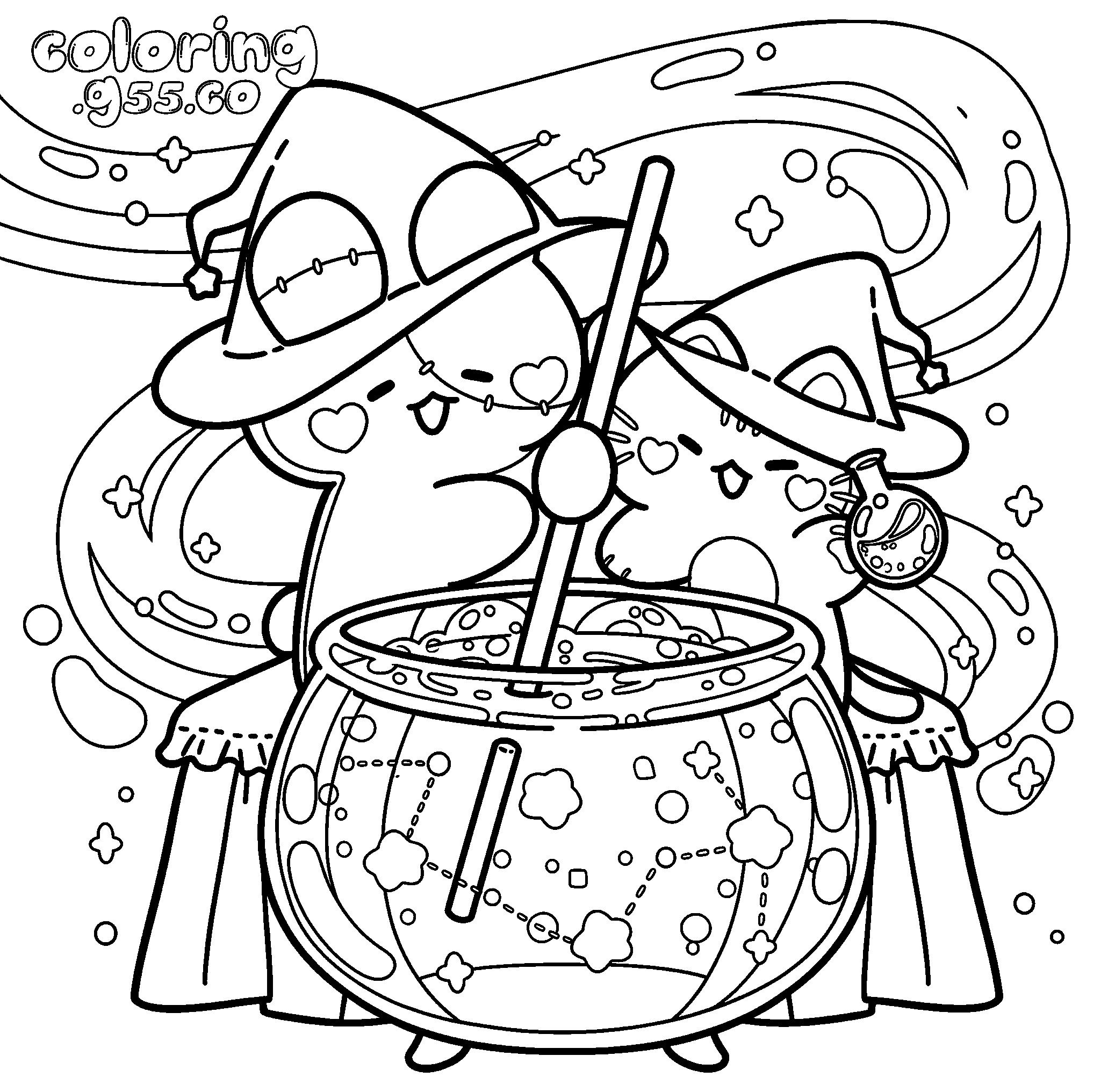cute kawaii witch cats cauldron line art for kids