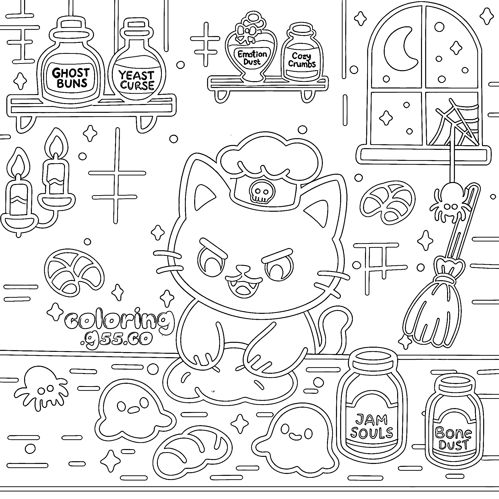 cute spooky witch cat bakery halloween line arts for kids toddlers tweens aesthetic spooky season activity sheet pdf