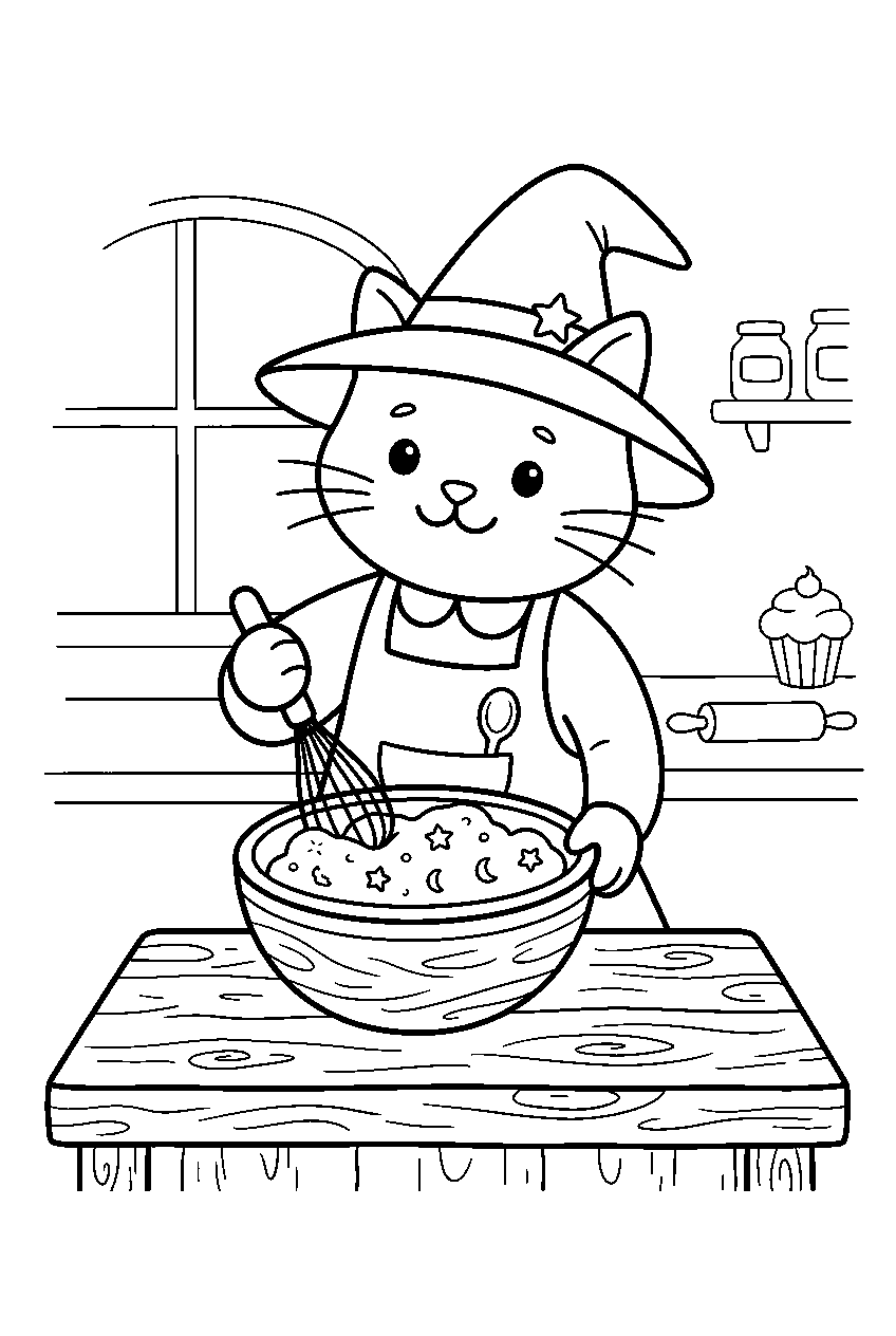 cute witch cat mixing cookie dough in bakery line art