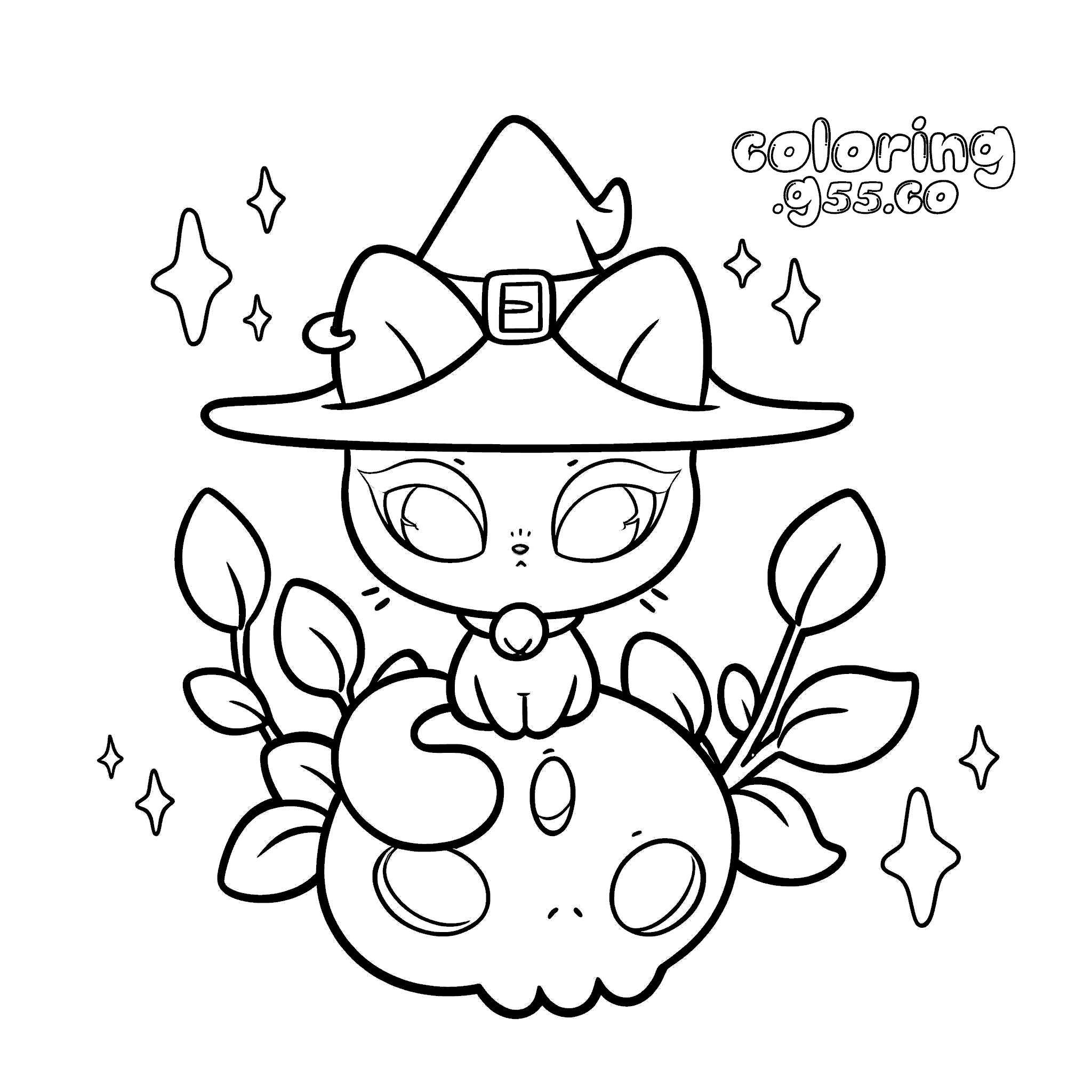 cute witch kitten on skull line art