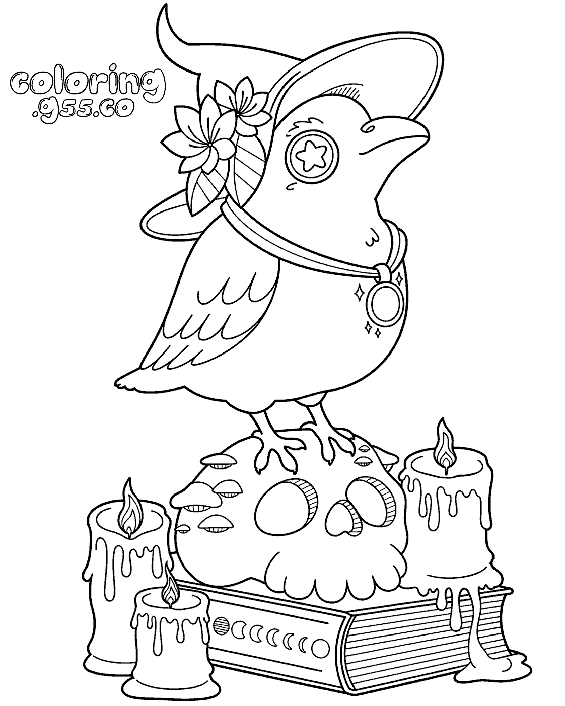 cute witch raven on skull line art