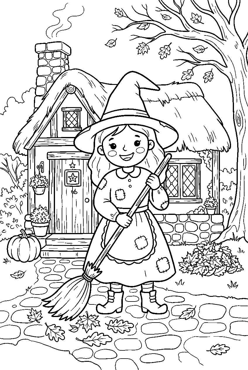 cute witch sweeping autumn leaves outside cottage line art