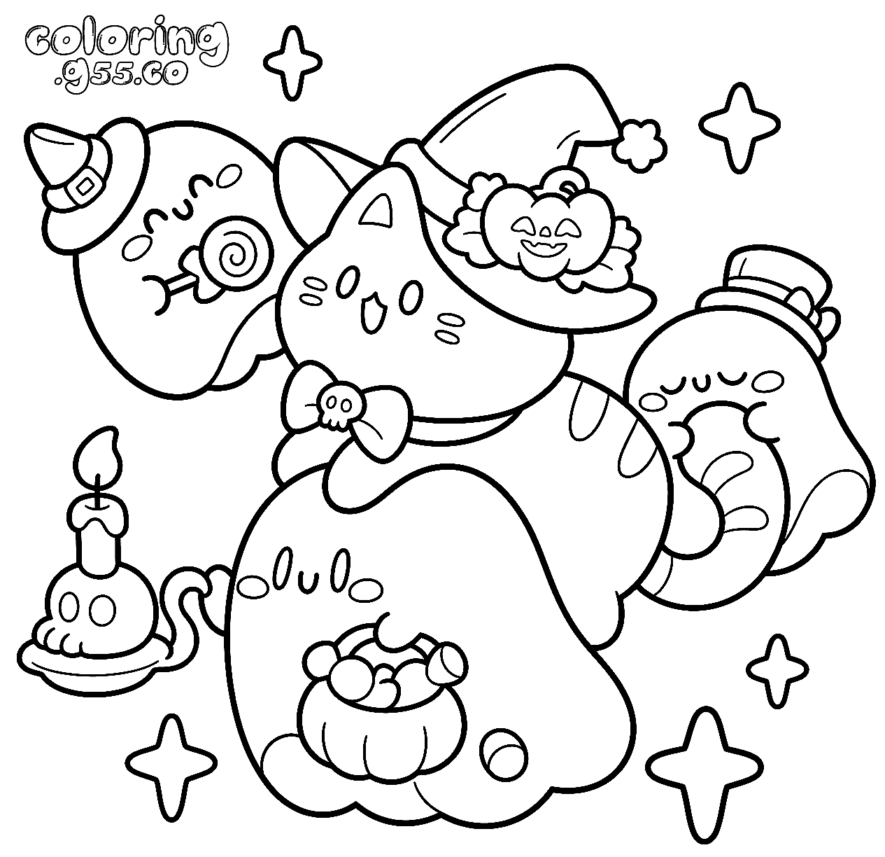spooky cute halloween cat line art for kids