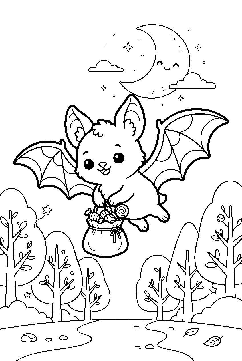 kawaii halloween bat carrying candy in moonlit forest line art