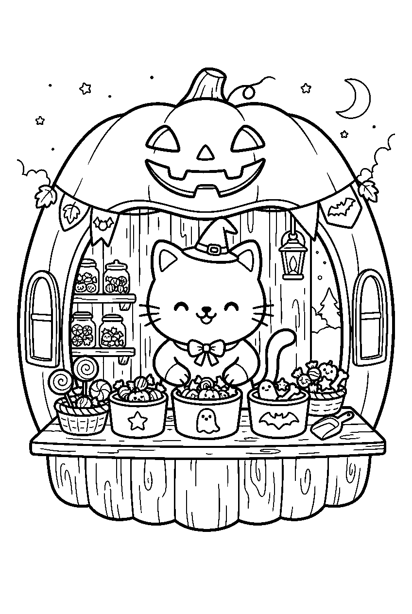kawaii halloween cat sorting candy in pumpkin kiosk line art