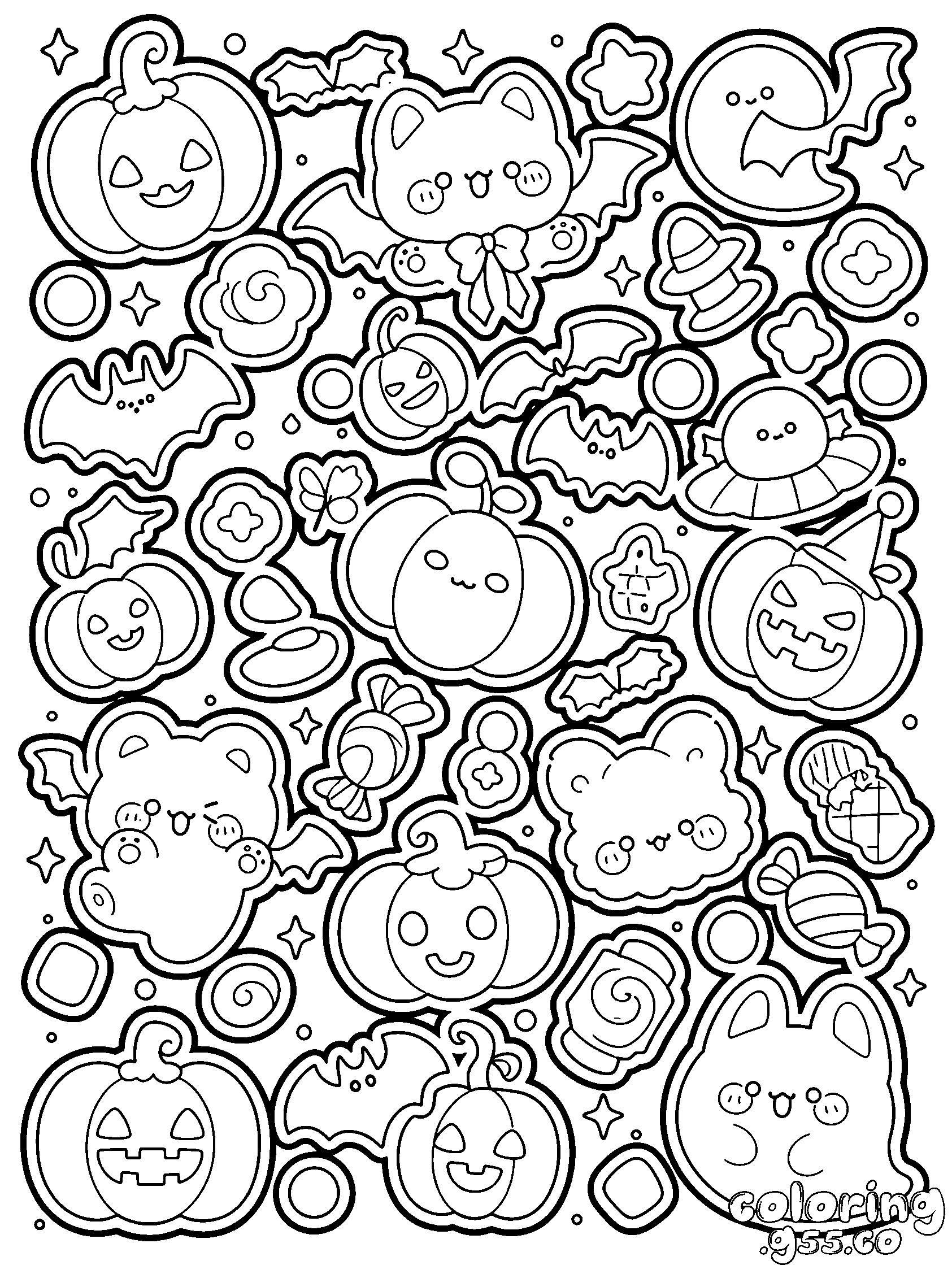 kawaii halloween doodles line art