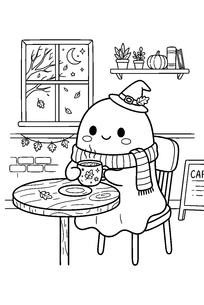 kawaii halloween ghost drinking cocoa in autumn cafe line art